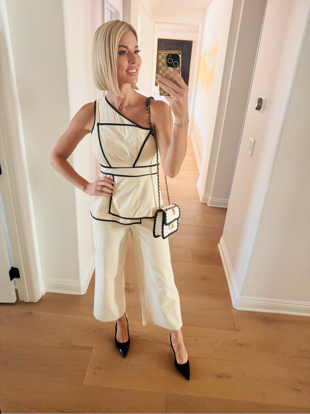 Commense Cream Cropped Wide-Leg Pants & One-Shoulder Top with Black Trim Set